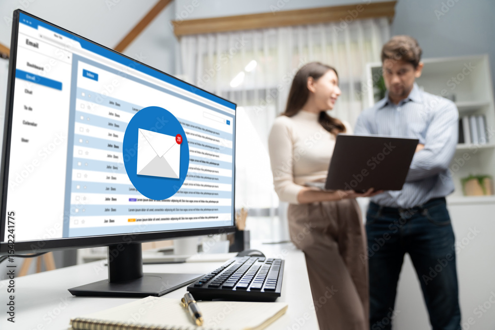 Poster email notification message showing on computer screen brisk. digital marketing message information t