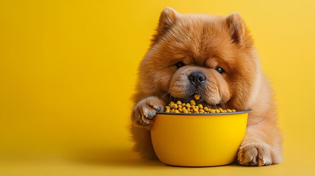 Adorable Chow Chow Puppy Enjoying Food with Yellow Background