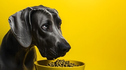 Great Dane with Food Bowl Against Bright Yellow Background