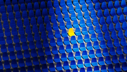 Bright yellow stadium seat stands out among blue chairs in isolation
