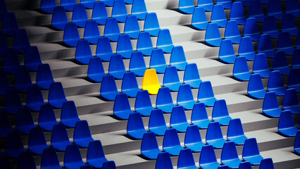 Bright yellow stadium seat stands out among blue chairs in isolation