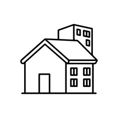 Outline of a building with windows and a door and a rectangular extension