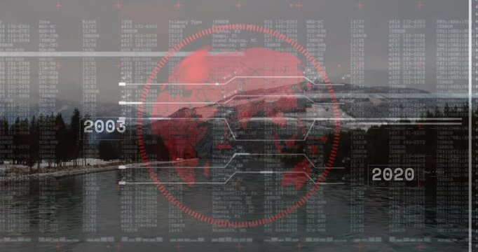 River appearing HUD fading in with rotating globe showing data updating labels showing trends