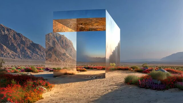 Minimalist stone cube structure in a surreal desert landscape near a calm sea