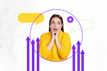 Image full trendy 3d collage poster of shocked businesswoman stand arrow development pointer...