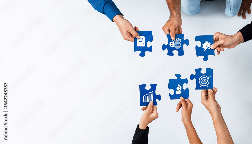 Poster A diverse group of hands collaborating to piece together a business strategy puzzle, showcasing KPI metrics and graphs in a modern workspace. Perfect for concepts of teamwork and innovation. Amity