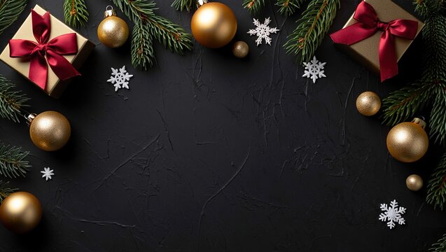 Fondo de felices fiestas con un borde de cajas de regalo, bolas doradas y copos de nieve sobre un fondo negra, con una vista superior perfecta para invitaciones con saludos y espacio para texto