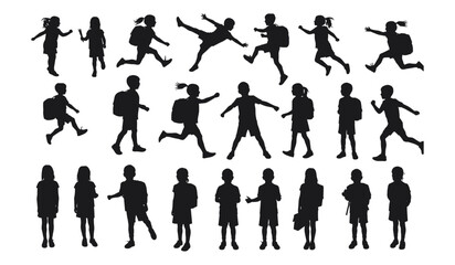 A Collection of Kids in Various Poses, Including Walking, Running, and Carrying Backpacks, Representing Active Childhood and Education