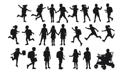 A Comprehensive Collection of Kids in Various Poses, Including Running, Walking, Jumping, and Carrying Backpacks, Representing Active Childhood and Education