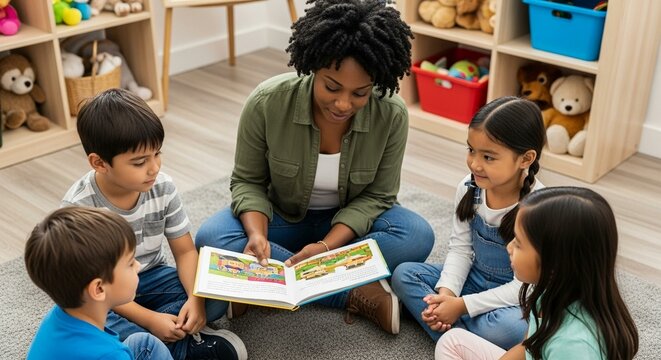 Storytime Circle With Diverse Preschoolers and Caring Teacher