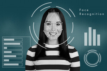 Composite sketch design artwork 3D photo collage of password authentication futuristic biometric data interface young lady smile diagram