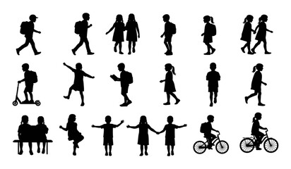 A Collection of Children Walking, Scooting, Cycling, Reading, and Interacting, Highlighting Education and Active Childhood