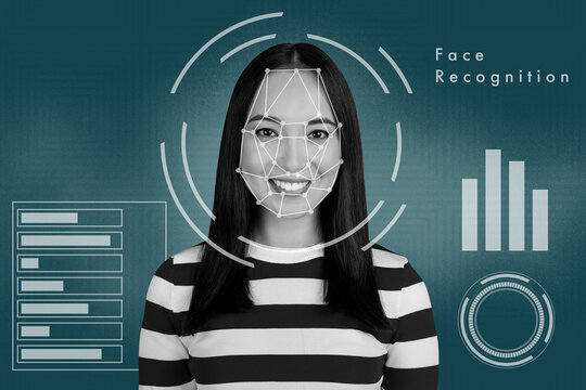 Composite sketch design artwork 3D photo collage of password authentication futuristic biometric data interface young lady smile diagram