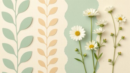 Flat lay composition featuring stylized leaf cutouts in soft tones and fresh white daisies on a textured cream and light green background.