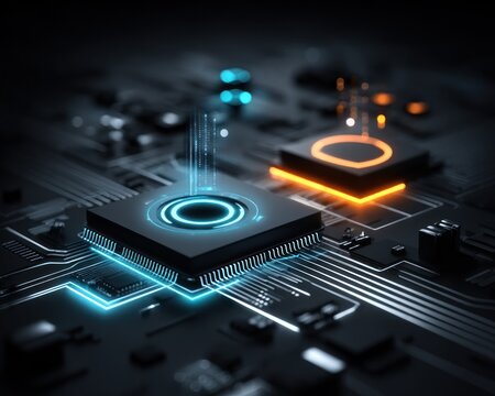 High-tech circuit board with glowing chips