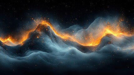 Fiery, ethereal mountain range in a smoky, dark sky