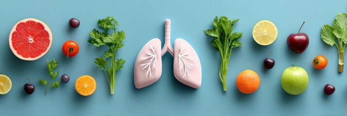 Healthy Lifestyle Layout Featuring a Lungs Icon at the Center Surrounded by Fresh Fruits and Vegetables Promoting Well-Being and Respiratory Health