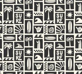 Retro surf seamless pattern. Bold graphic elements: palm trees, waves, sun, surfboards, shaka hand. Surfing background.