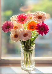 Fototapeta premium Colorful Daisies in a Glass Vase on a Sunlit Windowsill