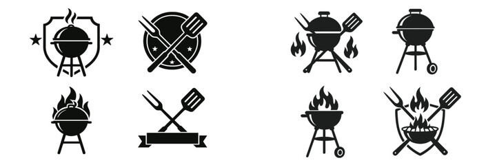 Emblems and icons of barbecue culture featuring grills, flames, and cooking tools prominently displayed