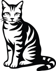 Sitting cat vector black and white design, Calm pet cat silhouette minimalist sketch