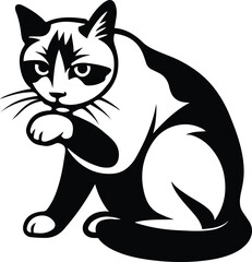 Grooming cat cartoon black and white sketch, Clean cat illustration with licking pose