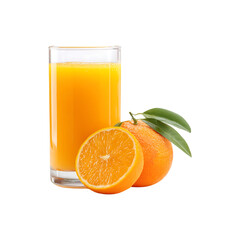 Fresh orange juice in a glass with whole and sliced orange isolated on a transparent background.