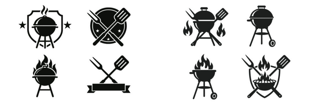 Emblems and icons of barbecue culture featuring grills, flames, and cooking tools prominently displayed