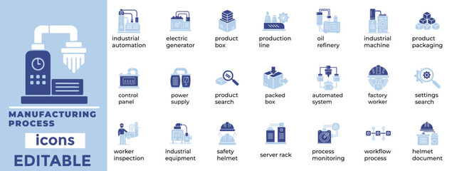 Editable manufacturing process vector icons for industry visuals. Clean line art, scalable, perfect for automation themes.