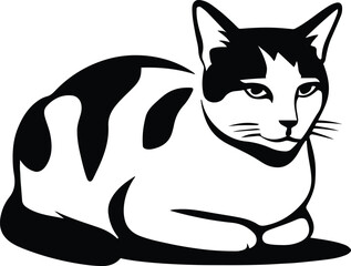 Resting cat stylized illustration black and white, Sleeping cat minimalist pet drawing