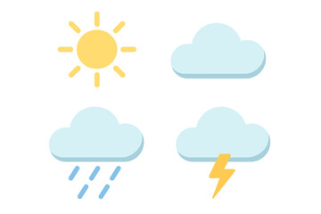 Different weather conditions illustrated through simple icons showing sun, clouds, rain, and lightning in a bright and colorful style