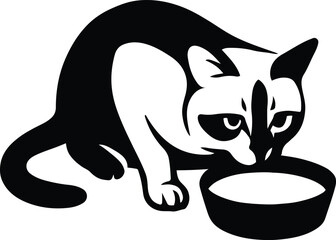 Cat drinking bowl black and white sketch, Pet cat drinking water simple illustration
