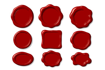 Various shapes of red wax seals displayed on a white background for decorative use in crafting projects