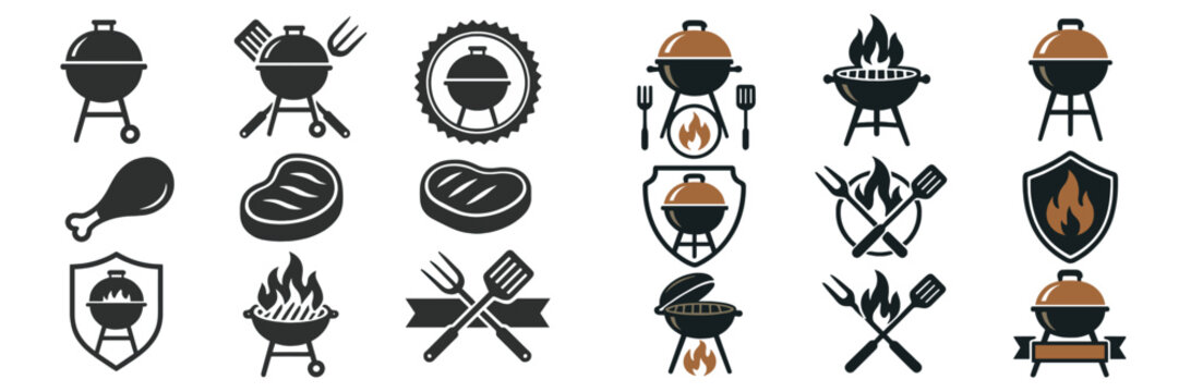 Various barbecue icons featuring grills, meats, and utensils for outdoor cooking enthusiasts