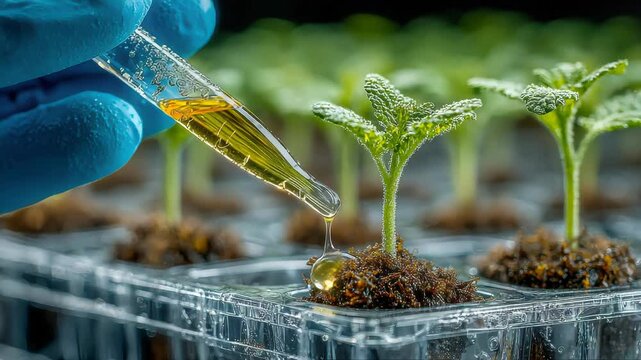 Close-up of a gloved hand using a pipette to apply yellow liquid to young green seedlings growing in a transparent tray filled with moss