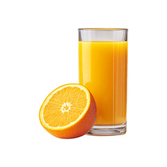 Fresh orange juice in a glass with whole and sliced orange isolated on a transparent background.