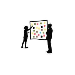 A person brainstorming with sticky notes on a wall on white background