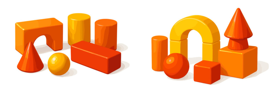 Colorful geometric shapes arranged in playful design on a white background showcasing creativity and learning in play