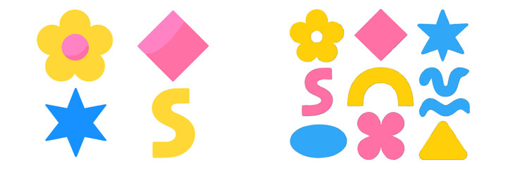 Colorful shapes and patterns in vibrant yellow, pink, and blue on a simple white background showcasing creativity and design