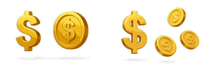 Gold coins and dollar symbols representing currency and finance in a simple design
