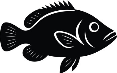 Fish silhouette vector black and white sketch, Underwater creature minimal graphic art