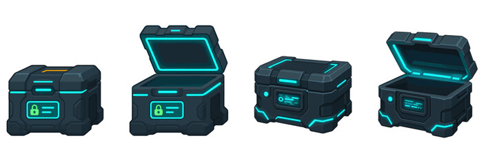 Various futuristic storage boxes in different states of opening, showcasing sleek design with neon accents