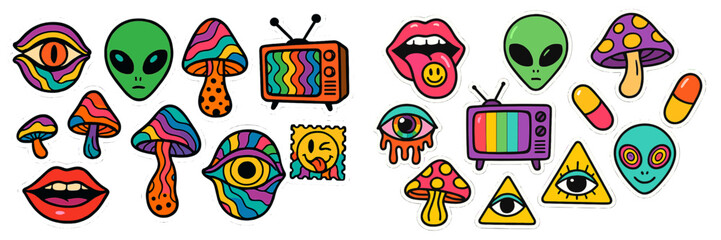 Colorful alien-themed stickers showcasing mushrooms, eyes, and retro elements create a playful and quirky atmosphere