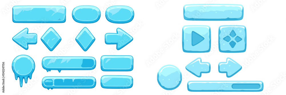 Poster collection of blue ice-themed buttons and icons designed for user interface applications