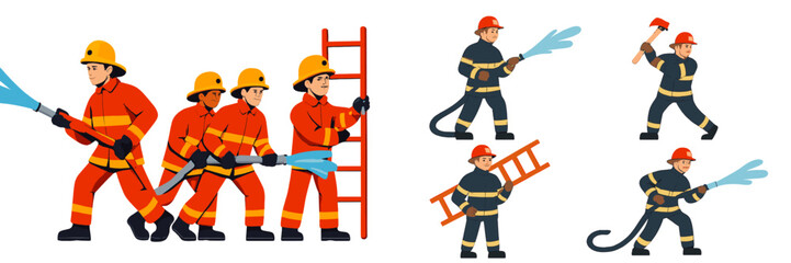 Firefighters in action engaged in firefighting efforts with hoses and ladders during an emergency response drill