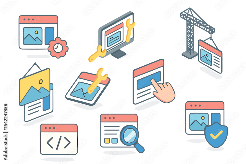 Poster icons of web design and development tools for creating and managing websites in a clean layout