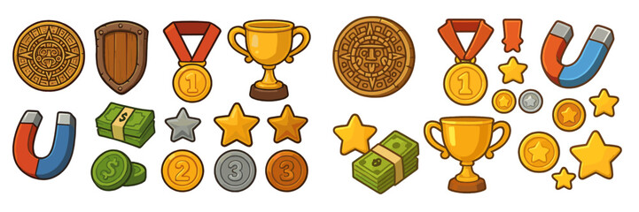 Award and trophy collection featuring various medals and coins in a vibrant and playful style for creative use