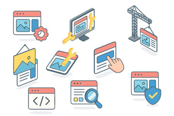 Icons of web design and development tools for creating and managing websites in a clean layout