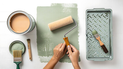 Hands painting wall green with roller and brushes.