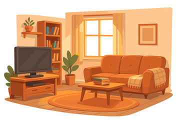 Cozy living room with a comfortable sofa, television, and potted plants in a sunny atmosphere